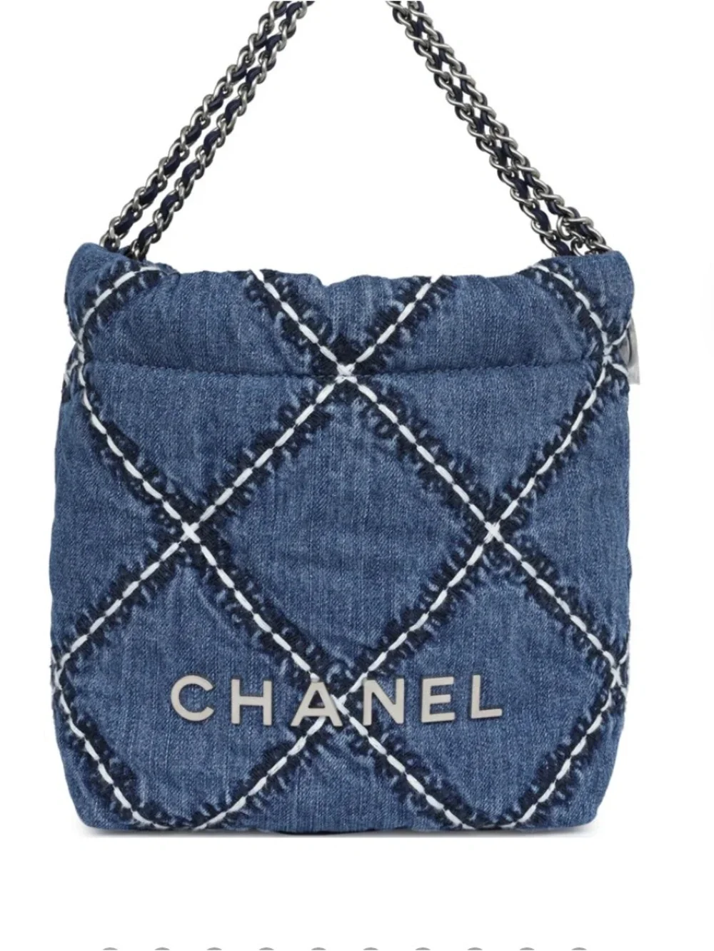 ChaneI Denim 22 Blue Stitch Silver Tone Hardware Diamond Hobo Bag Purse